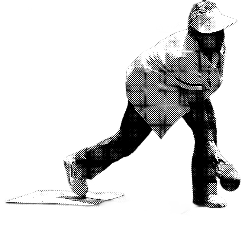 Man with grey hair and beard in white sport uniform holding a lawn bowls bowling ball. The image has been given a half-tone effect.