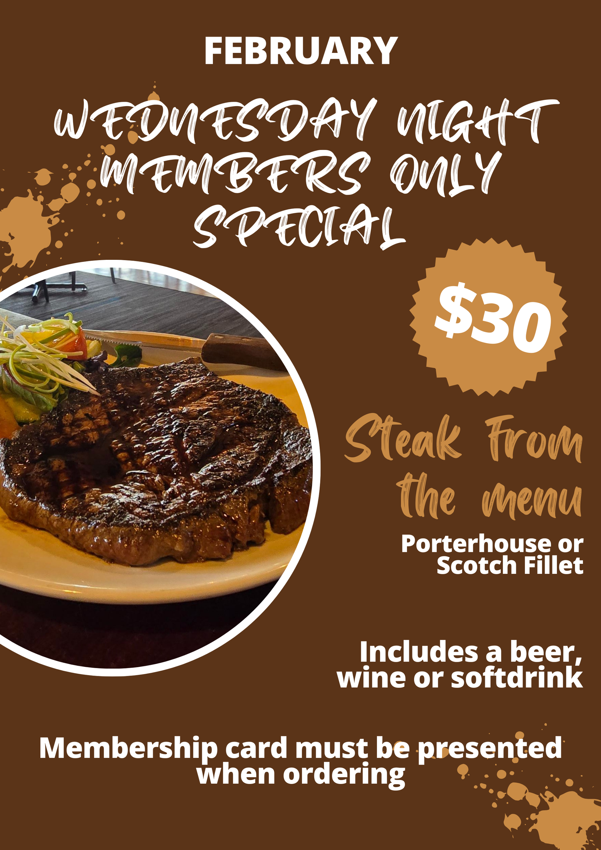 Poster for members only special. It has an image of steak on a plate