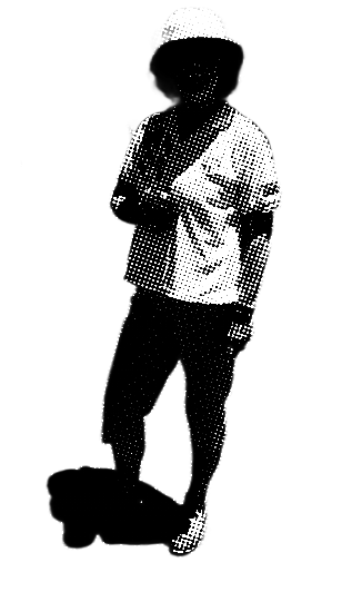 Man playing lawn bowls, kneeling after bowling. He is wearing a white rimmed hat white shirt and black pants. The image has been given a half-tone effect.