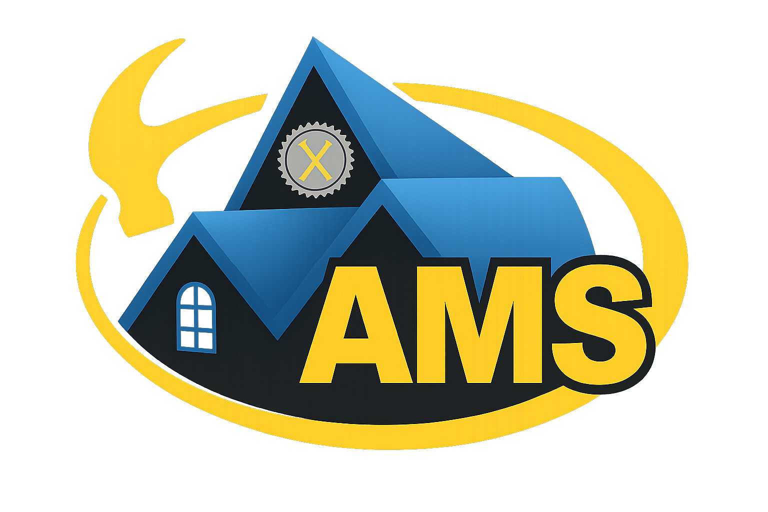 AMS logo with blue house roofs, yellow accents, and bold yellow letters inside a yellow oval