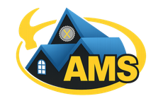 AMS logo with blue house roofs, yellow accents, and bold yellow letters inside a yellow oval