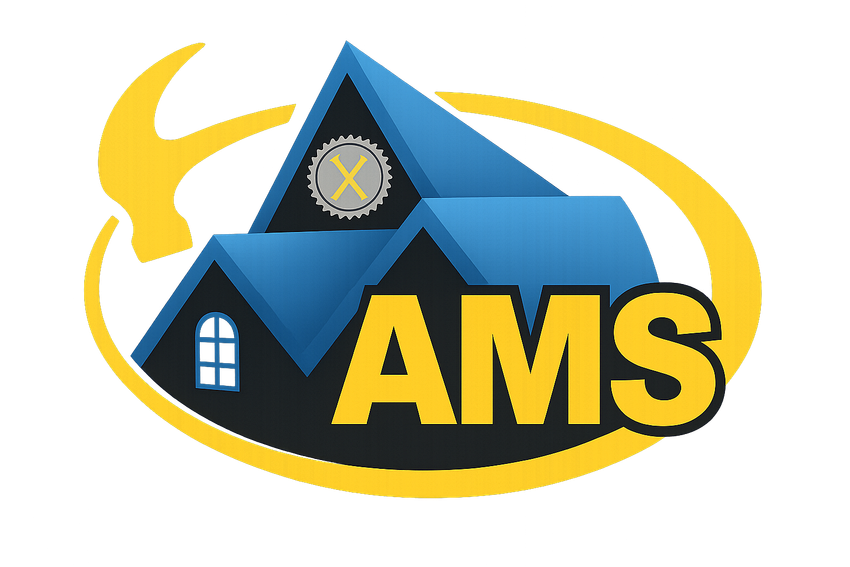 AMS logo with blue house roofs, yellow accents, and bold yellow letters inside a yellow oval