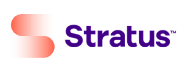 A purple and red logo for stratus on a white background