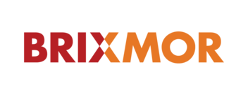 A red and orange logo for brixmor on a white background
