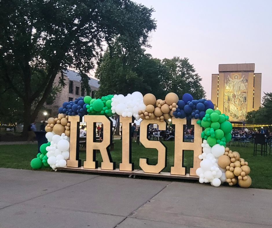 The word irish is surrounded by balloons at Notre Dame from Fun By The Yard