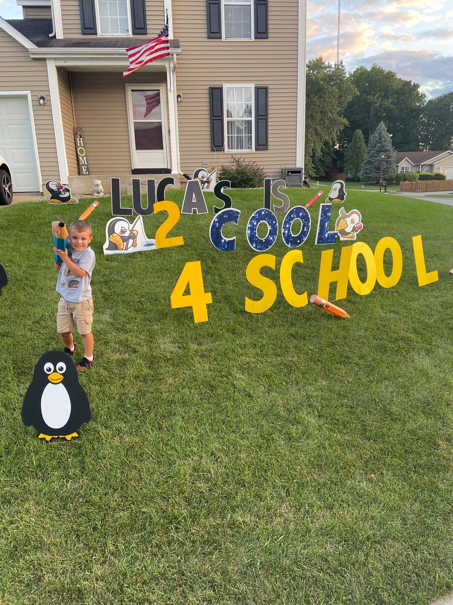 Boy stands on lawn with 