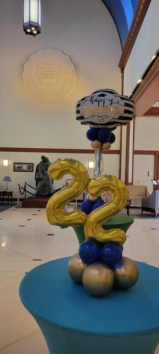 A table with balloons in the shape of the number 22 on it.
