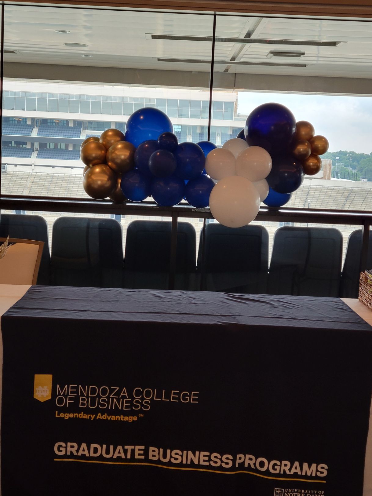 a table with balloons on it and a sign that says graduate business programs