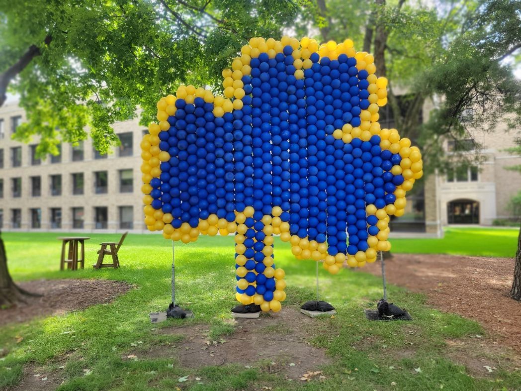 A clover made out of blue and yellow balloons in a park.