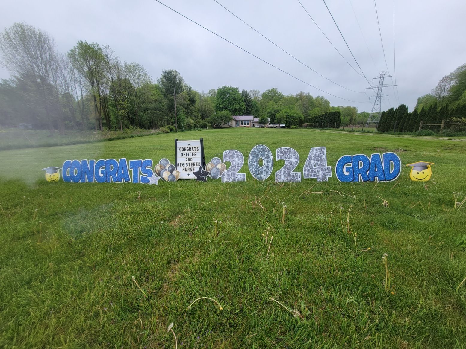 A congratulations sign is sitting in the middle of a grassy field.
