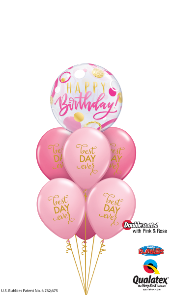 A bunch of pink balloons with the words happy birthday on them