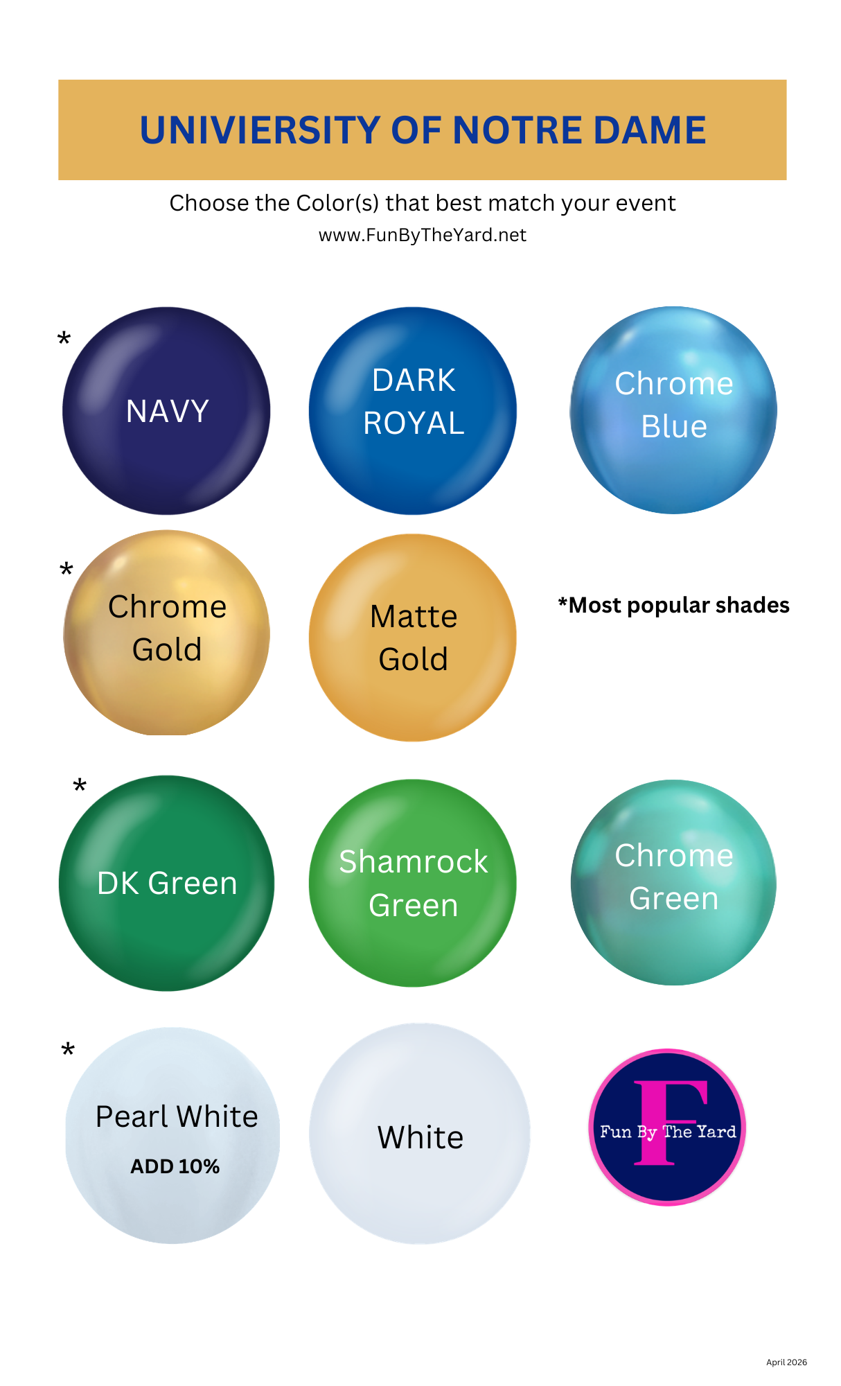 Color palette chart for the University of Notre Dame, displaying various shades of blue, gold, green, and white balloons.  Fun By The Yard
