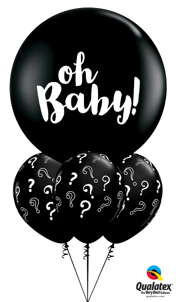 A bunch of black balloons with the words oh baby on them