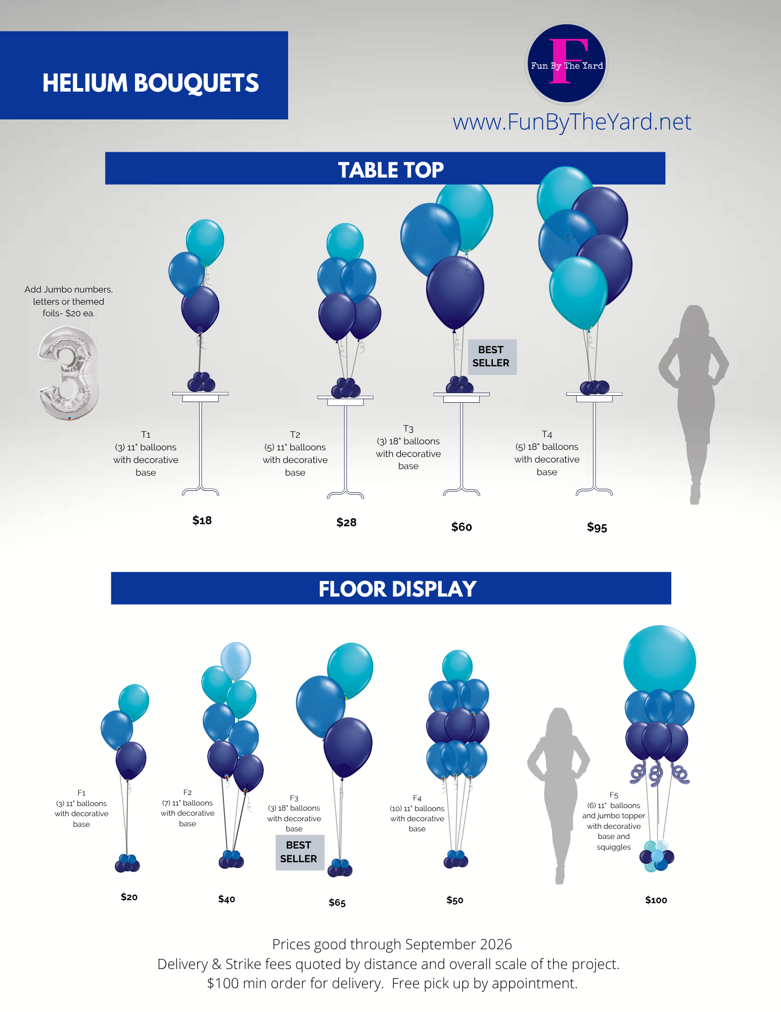 A flyer for age specific bouquets with different types of balloons