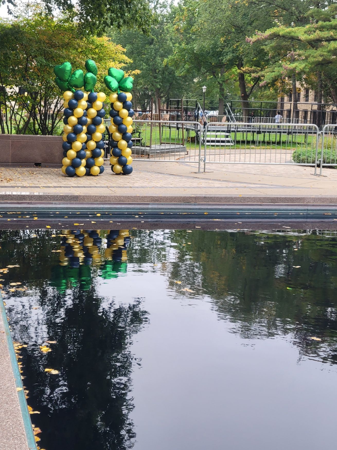 A reflection of balloons in a pool with balloons in the background
