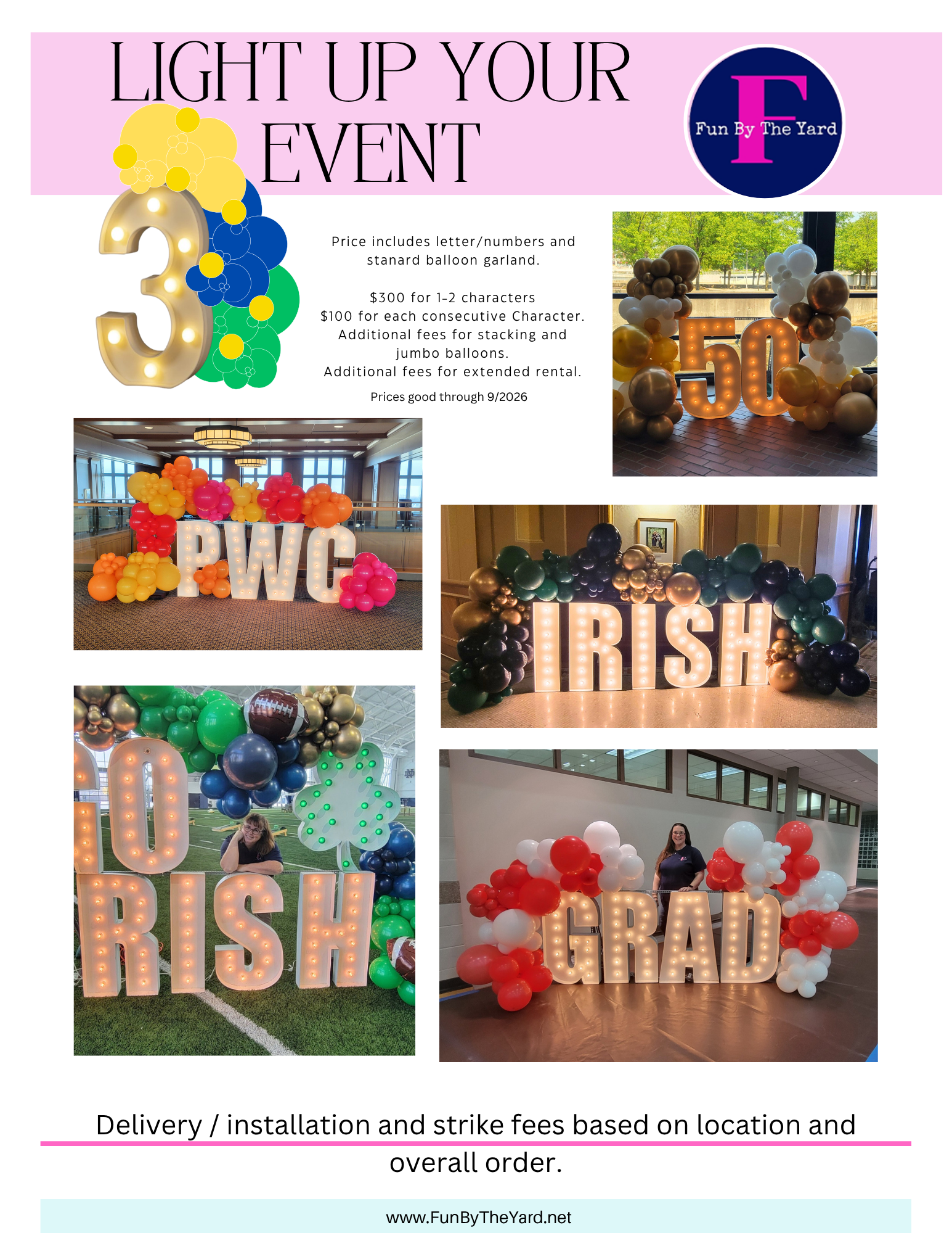 A flyer for a light up your event with balloons and letters.