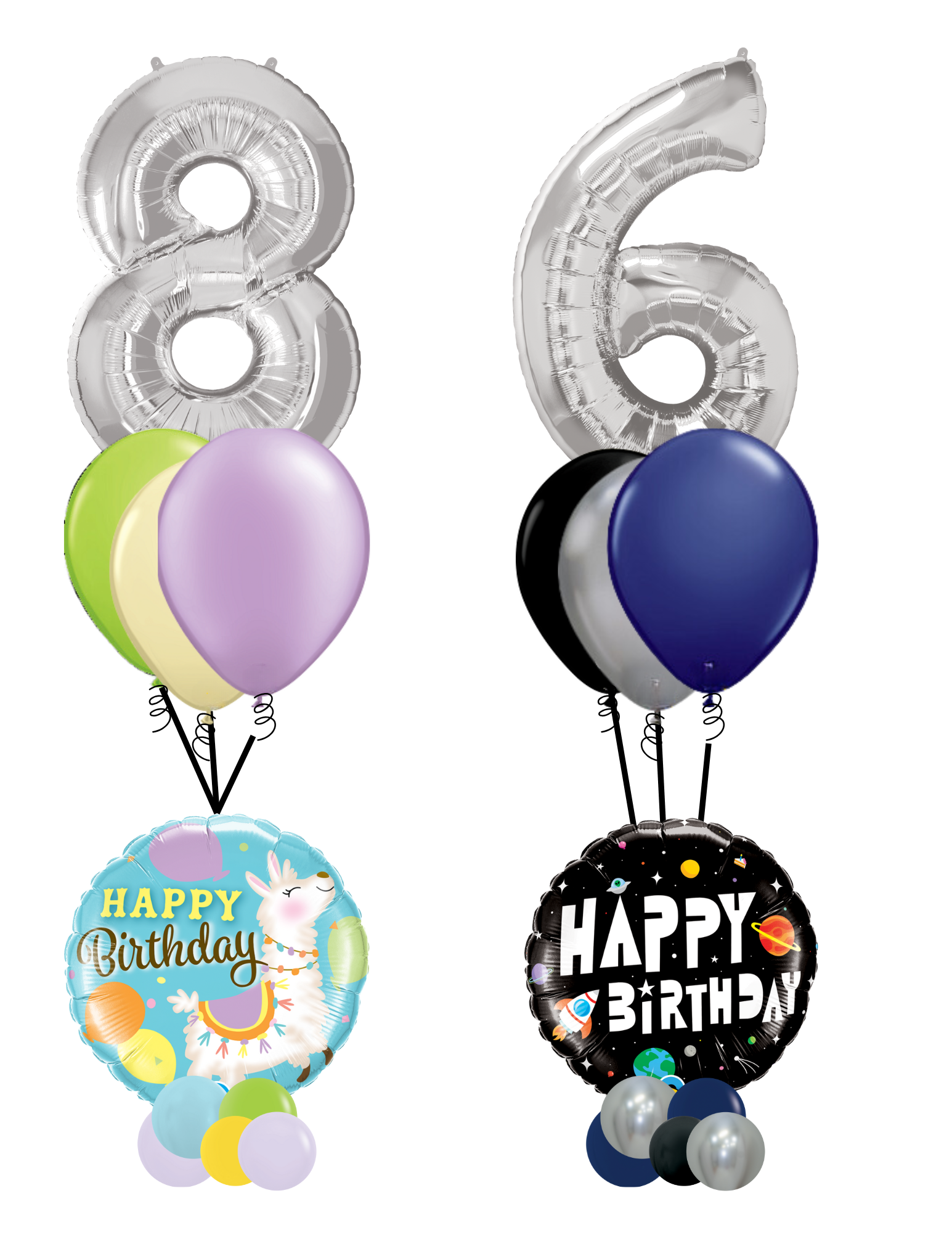 A bunch of balloons with a number on them and a happy birthday balloon.