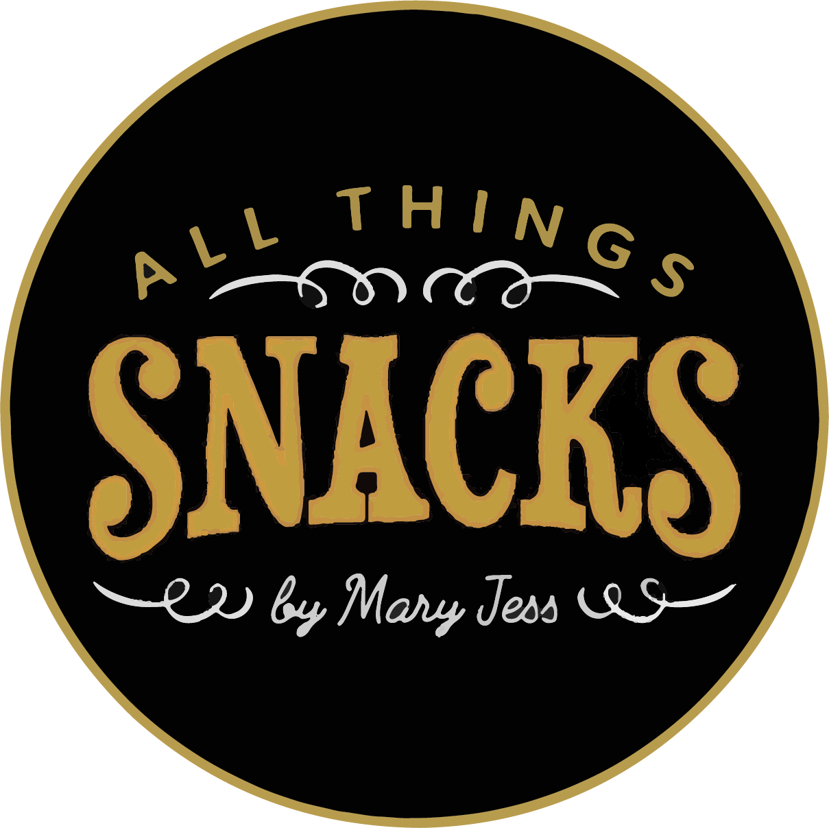 A circular logo with a black background, a gold border, and gold text reading