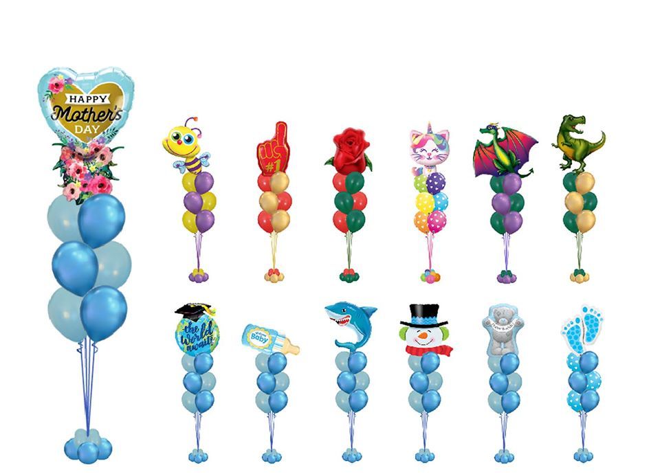 There are many different types of balloons on stands.
