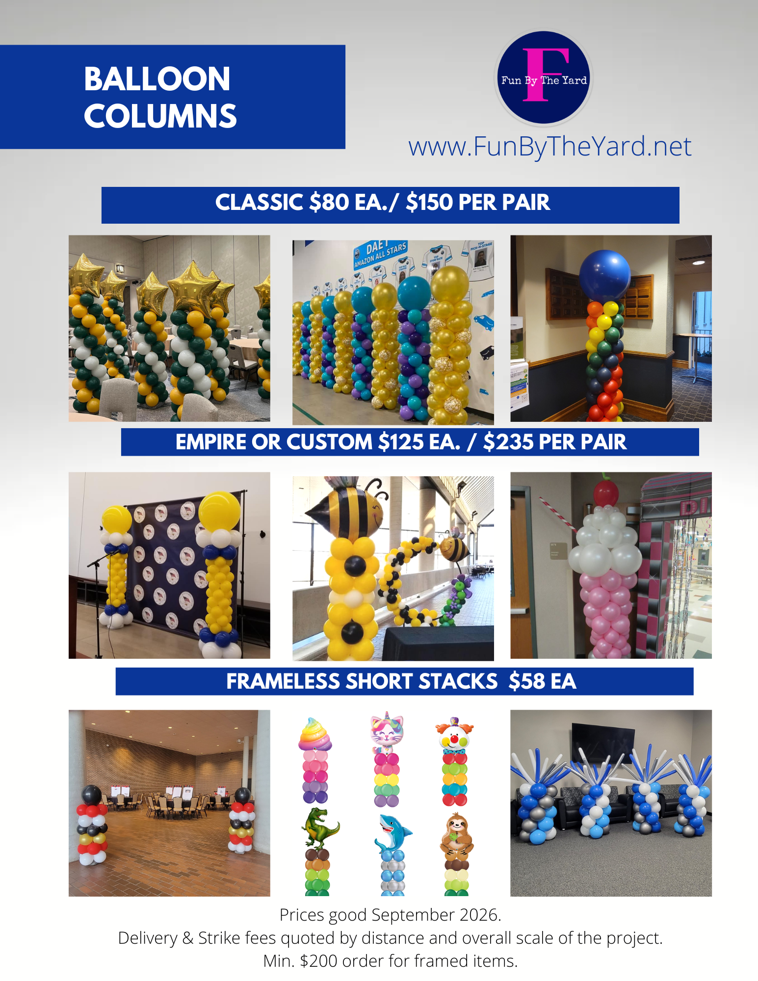 A flyer for balloon columns shows different types of balloons