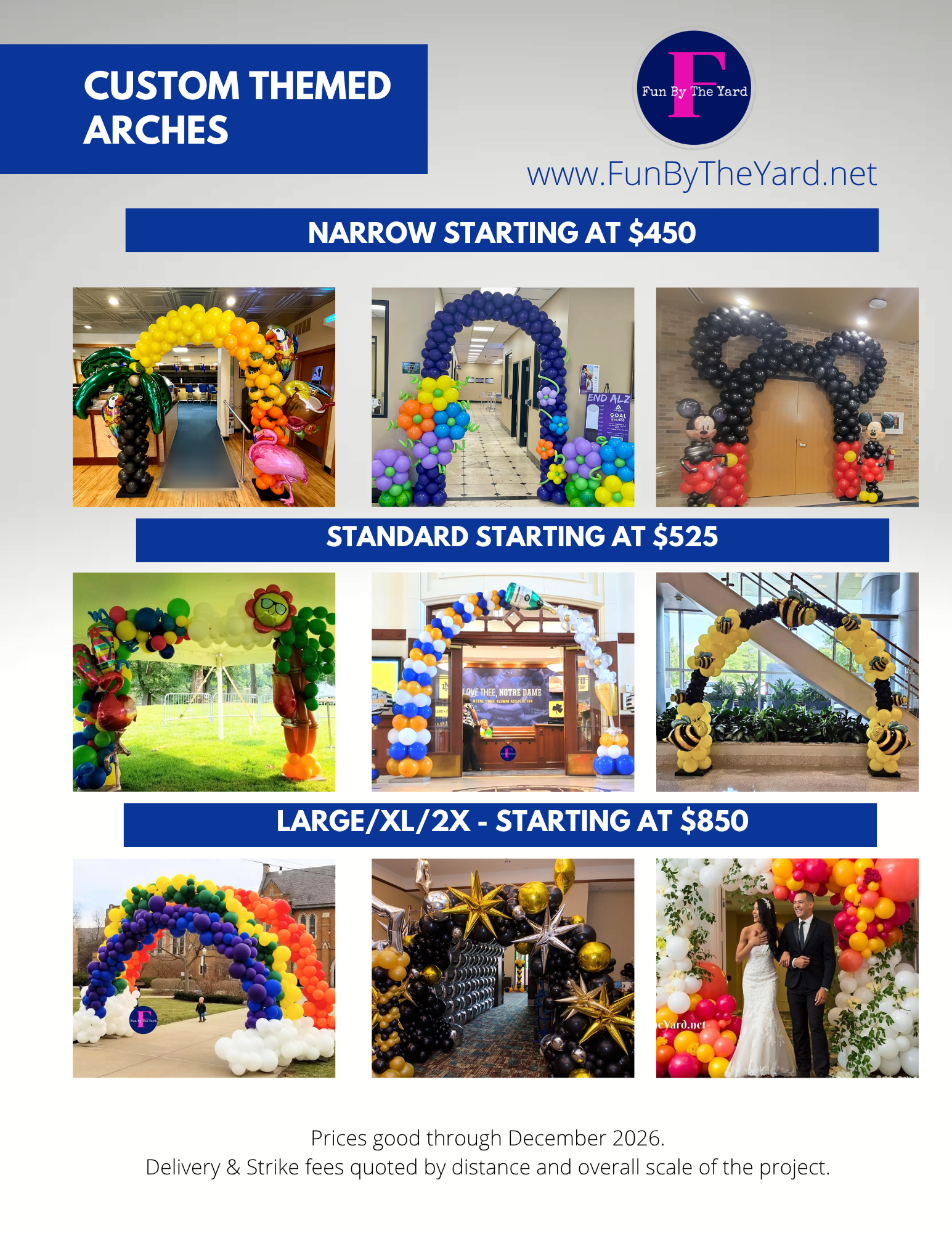 A flyer for custom themed arches , narrow starting at $ 400 and standard starting at $ 500.