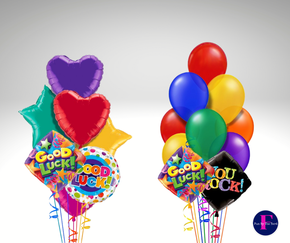 Two balloon bouquets: one with foil shapes, one with solid colors; both include