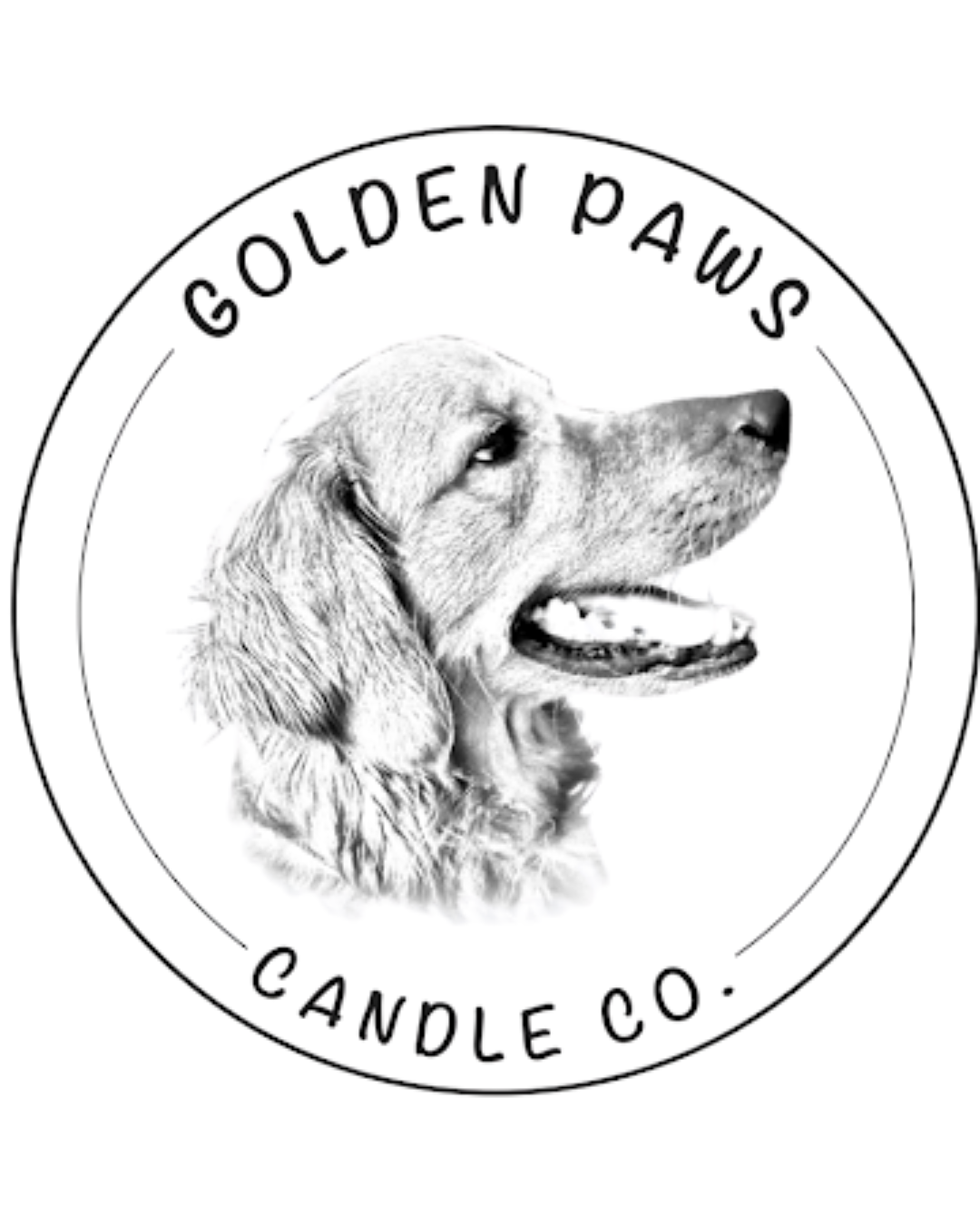 A circular black-and-white logo showing a Golden Retriever profile with the text