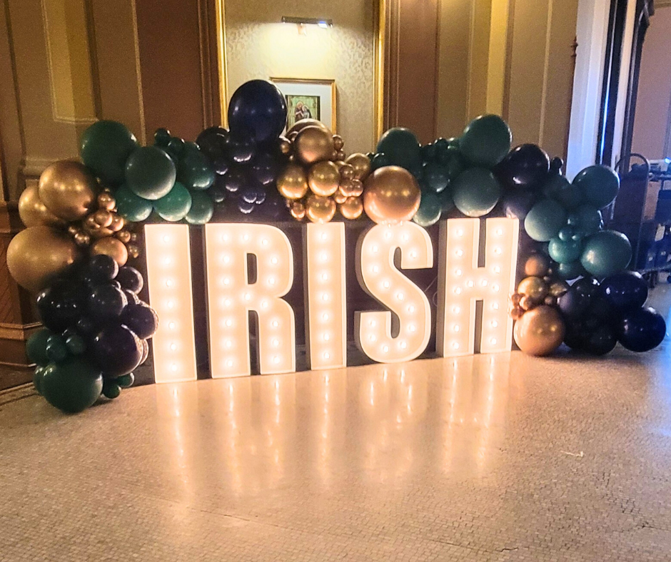 The word irish is surrounded by balloons and lights
