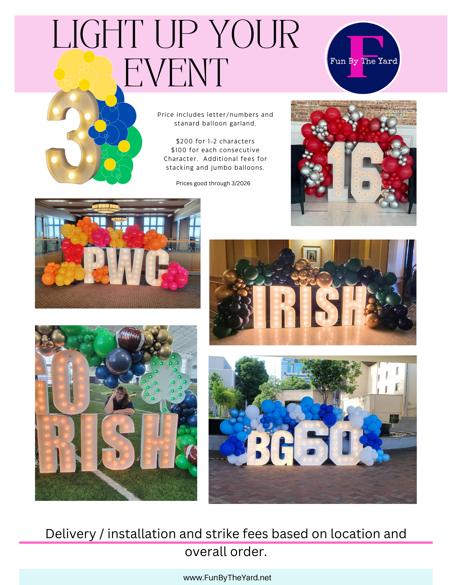 Advertisement for event lighting with examples: balloon displays spelling