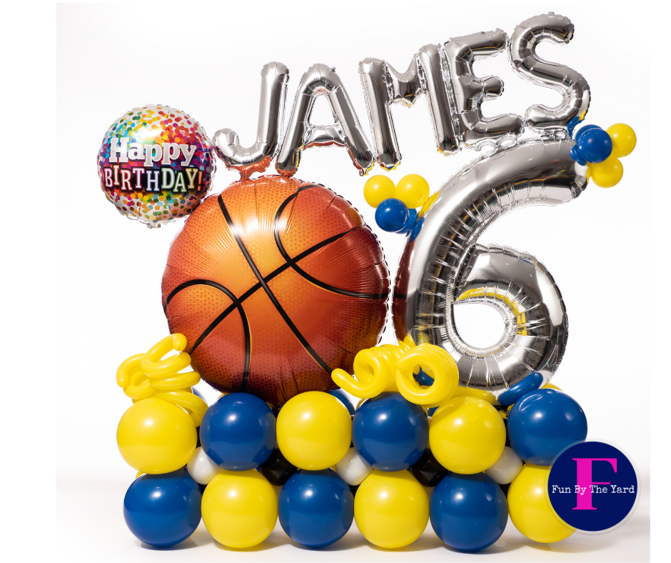 Basketball-themed birthday balloon display: basketball,