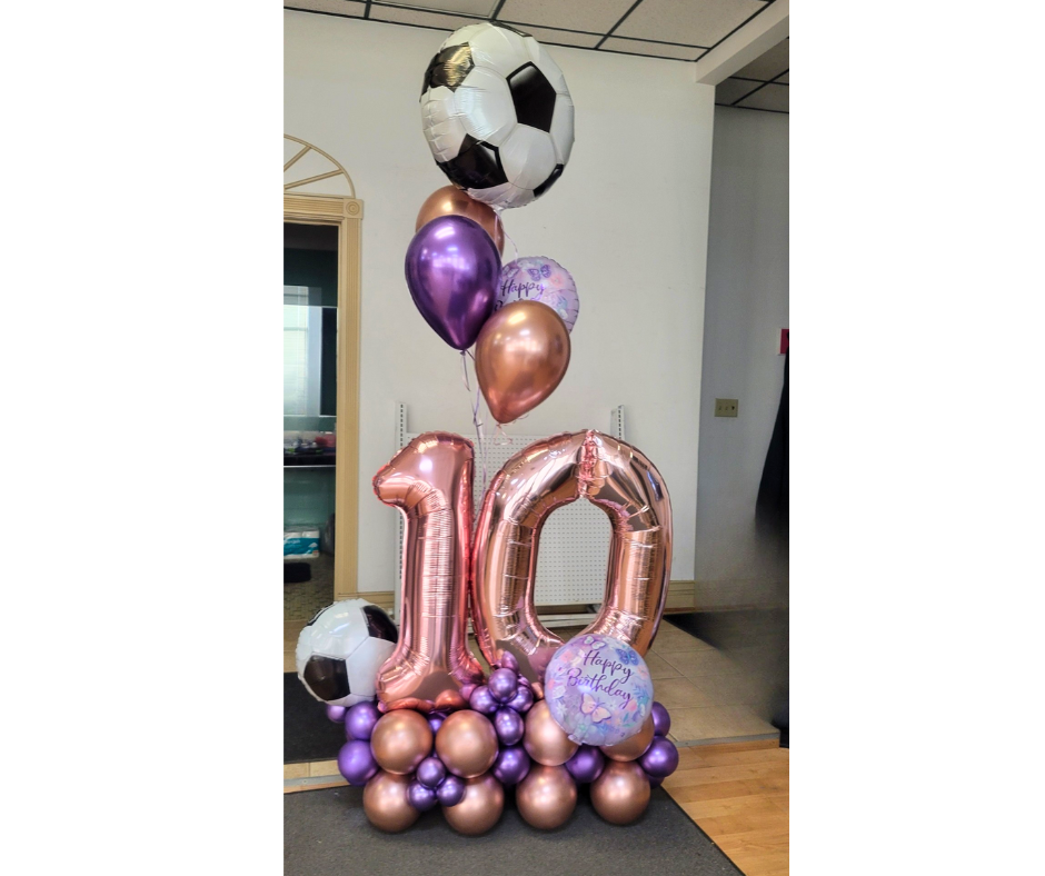 Soccer themed balloon stack with number 10 birthday balloons at FBTY in South Bend