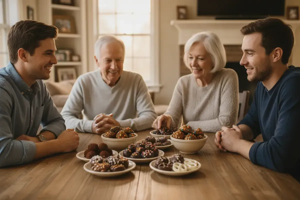 A family choosing chocolates to share with grandparents