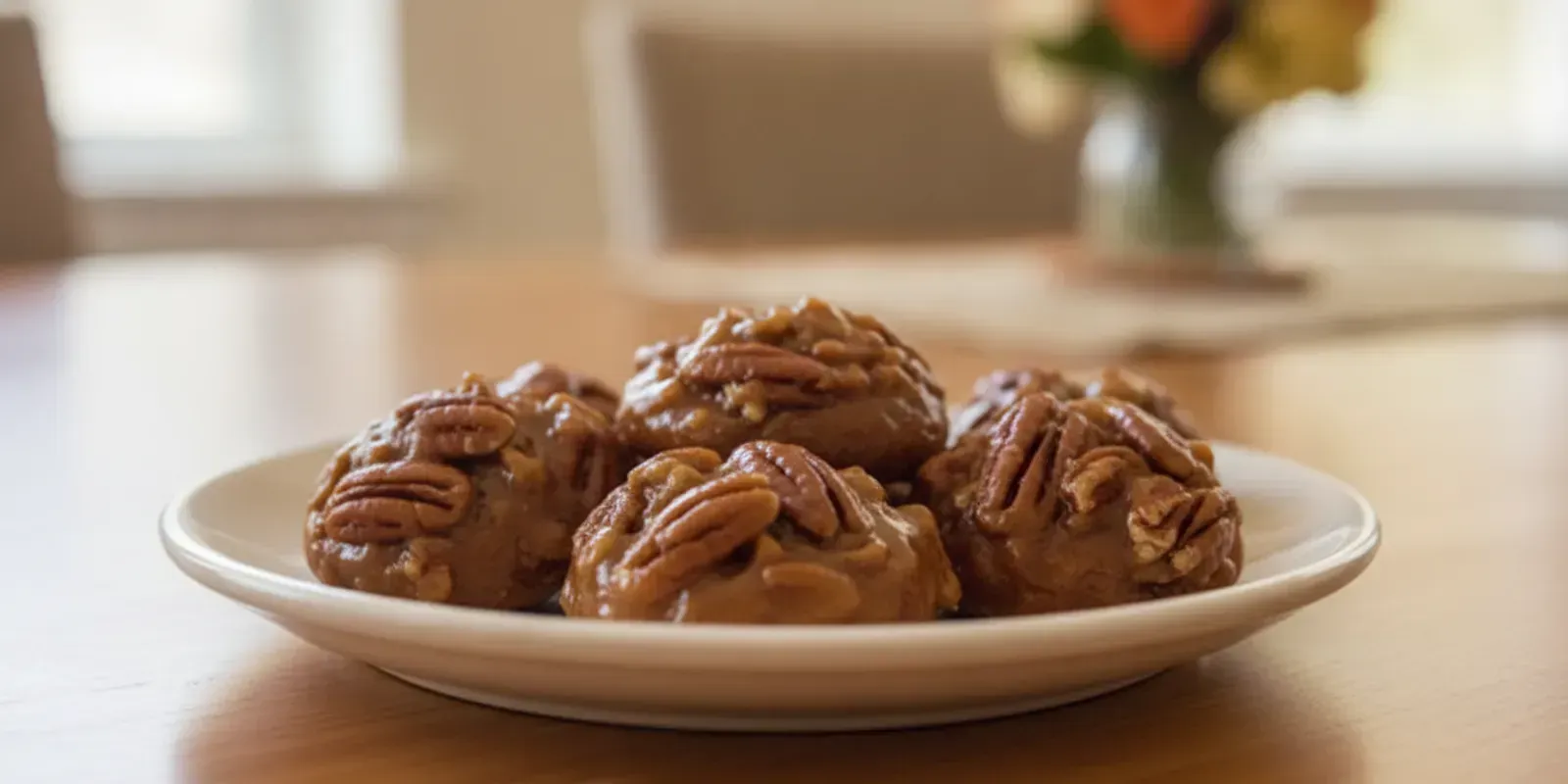 Southern pecan pralines arranged on a small serving plate