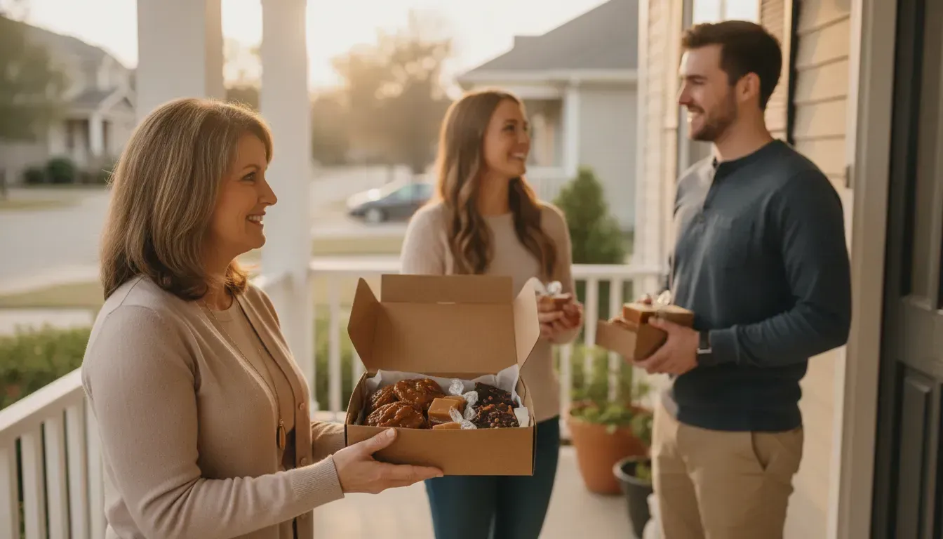 Neighbor welcome candy assortment with pralines, chocolates, and caramels
