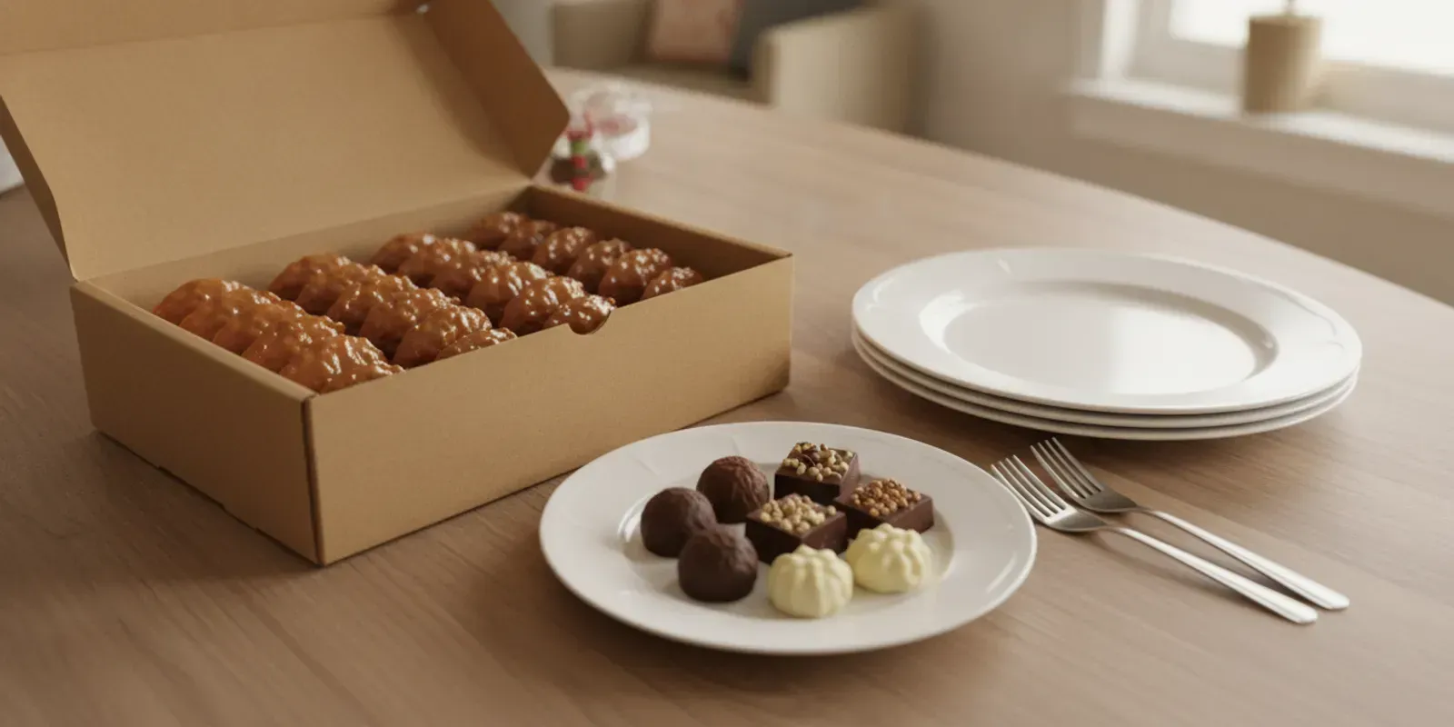 A reunion-ready assortment of pralines and chocolates arranged on a dessert table