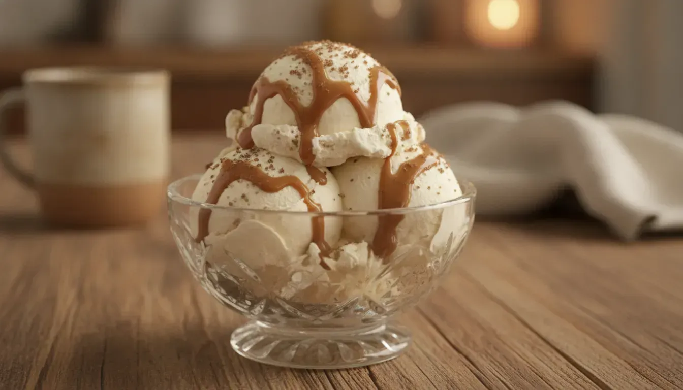 A handcrafted scoop of vanilla bourbon ice cream with a caramel-brown sugar swirl in a glass bowl