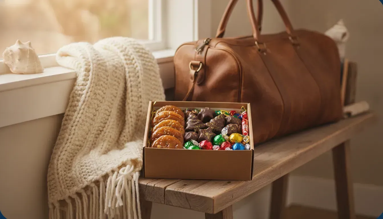 Box of handcrafted candy beside a travel bag for Christmas travelBox of handcrafted candy beside a t