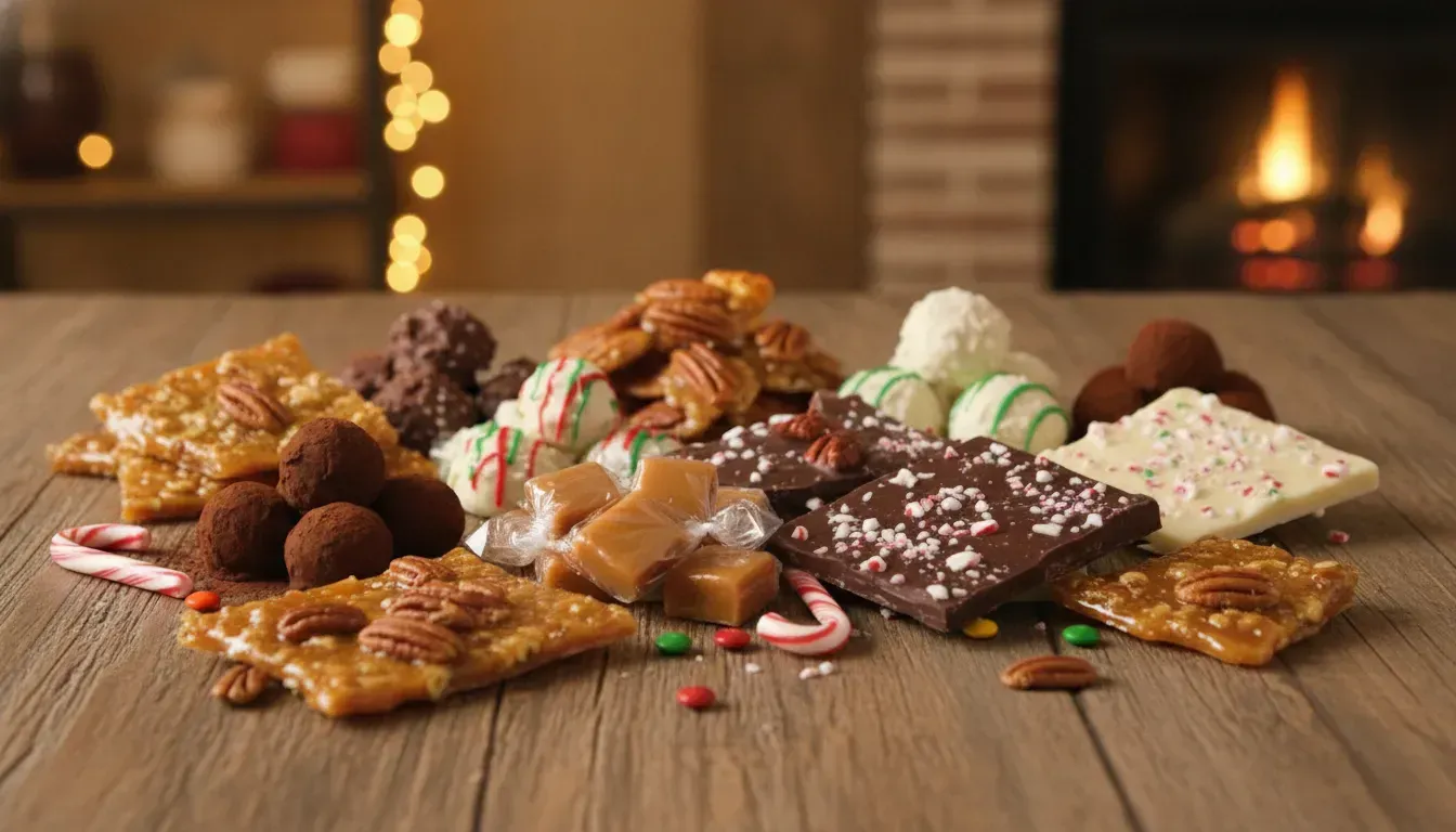 Assorted Christmas candy including pralines, chocolates, caramel, peppermint bark, and pecan brittle on a holiday table