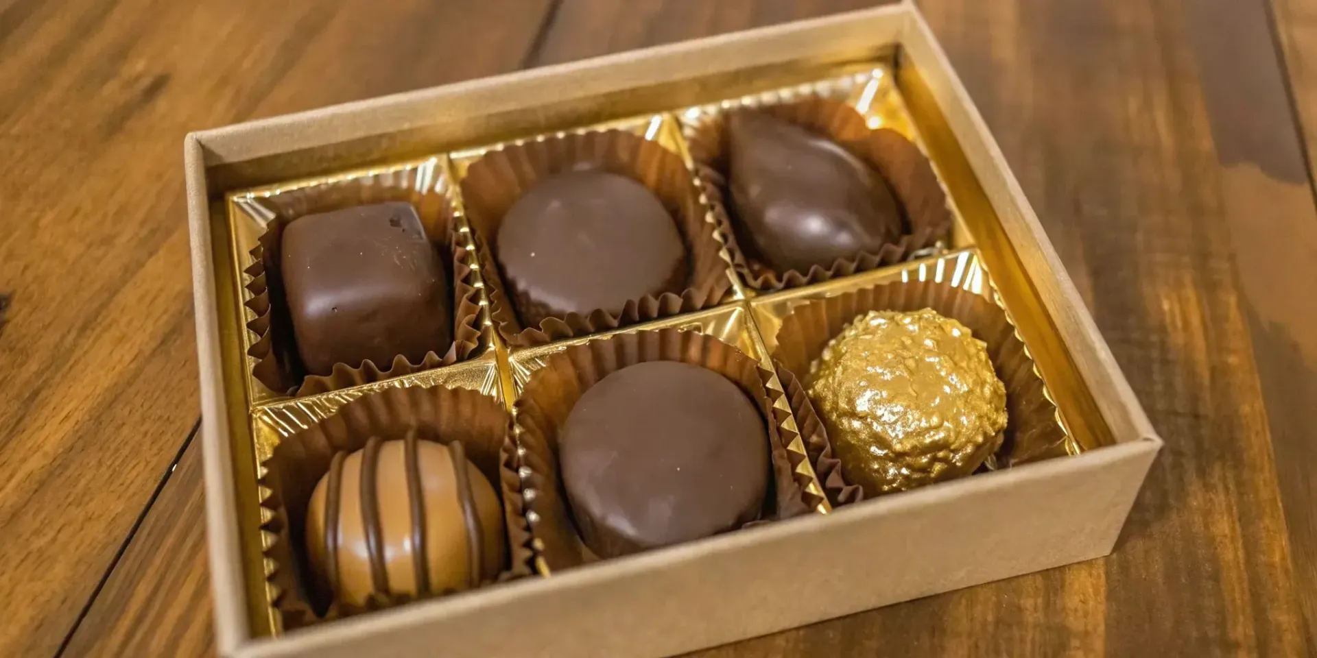 Corporate gift box filled with artisan ice cream pints, handcrafted pralines, chocolates, and sauces on a wooden table with festive ribbon