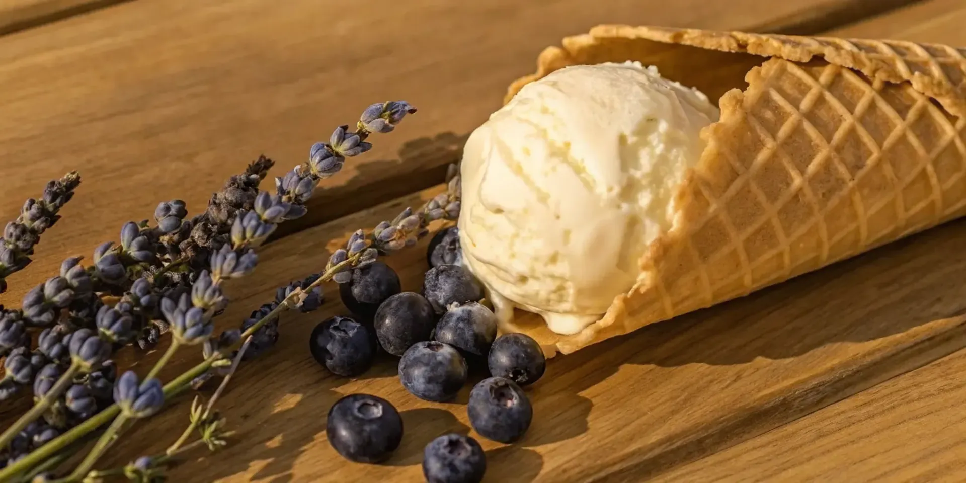 A scoop of creamy dairy-free coconut ice cream in a waffle cone with fresh blueberries and lavender sprigs arranged on the side