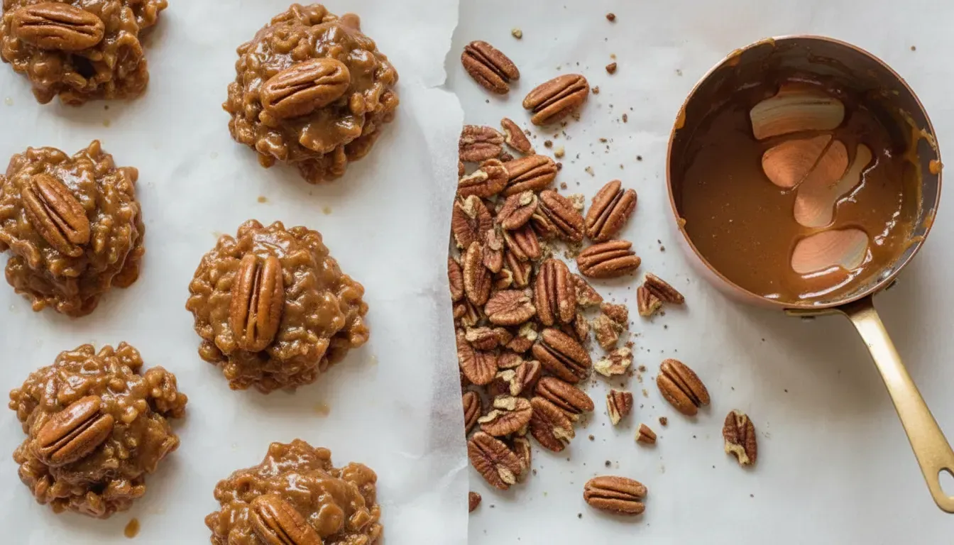 Glossy pecan pralines cooling on parchment beside toasted pecans