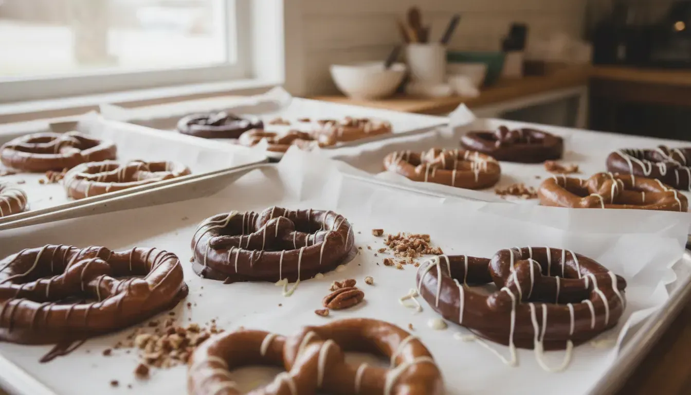 Handmade chocolate covered pretzels on parchment trays in a small artisan candy kitchen