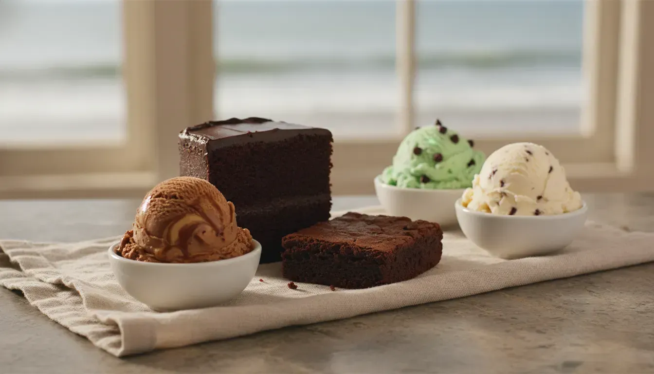Ice cream flavors with chocolate desserts including brownies, chocolate cake, mint, vanilla, and cof
