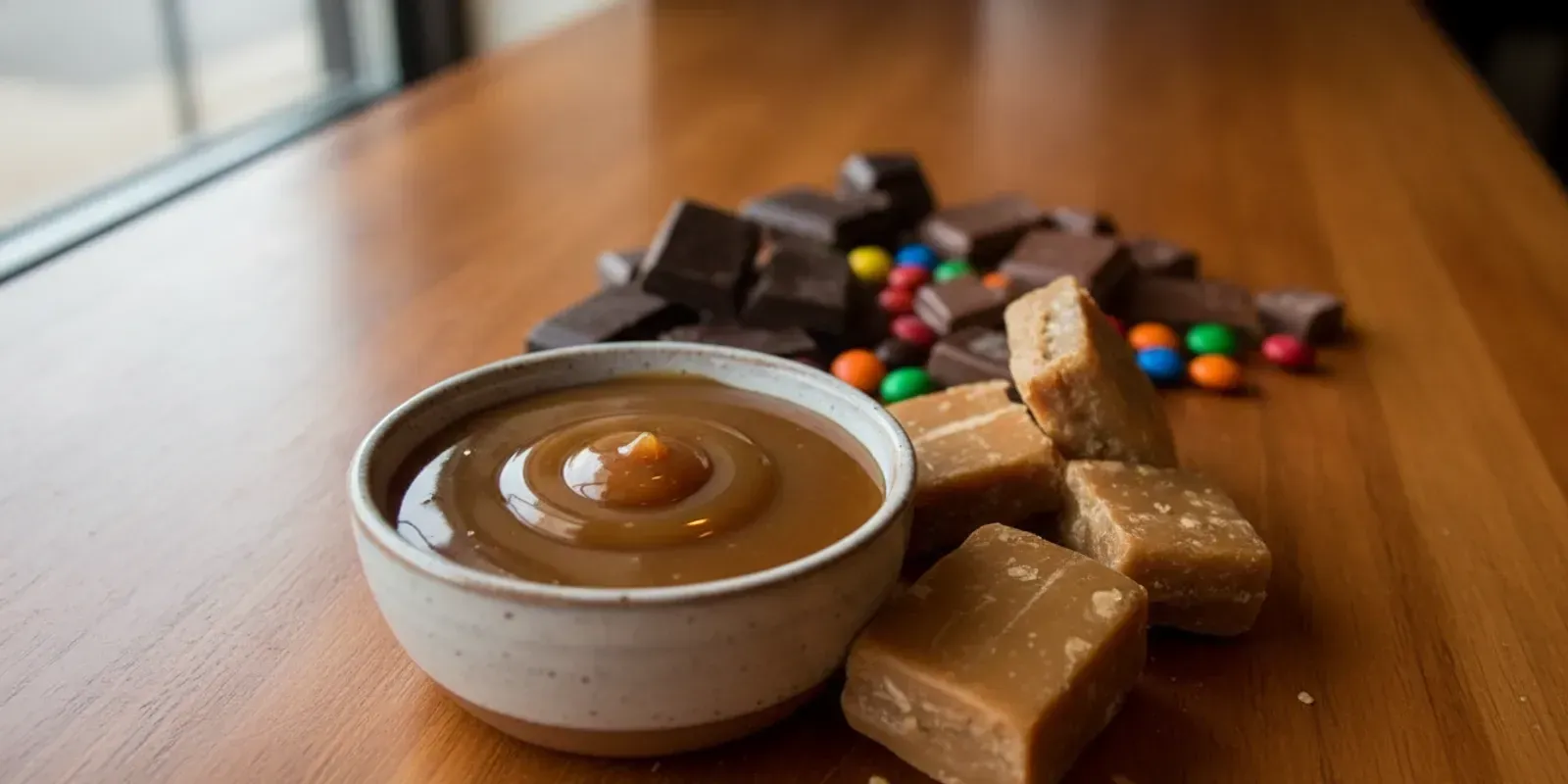 Difference between caramels and toffees shown through caramel sauce and crisp candy pieces