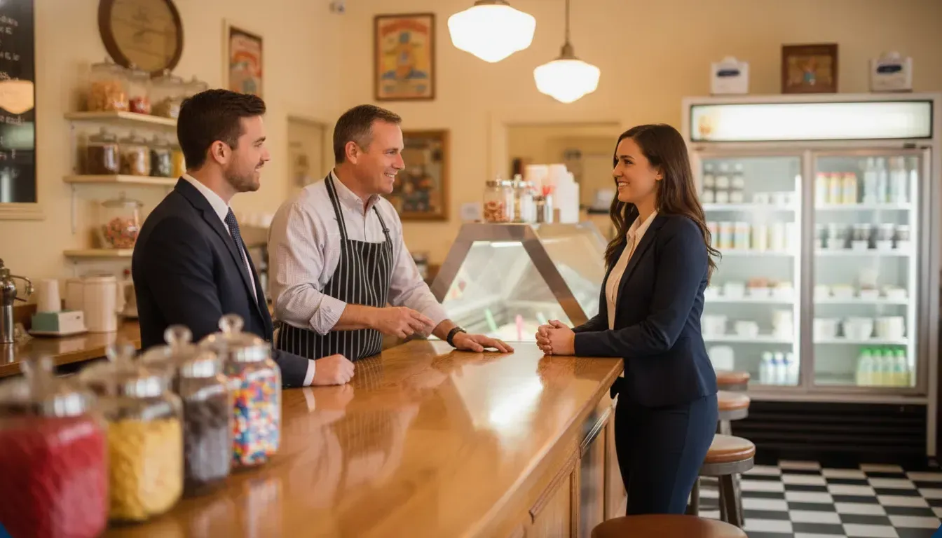 Entrepreneurs discussing franchise opportunities with an ice cream shop owner at a Pecan Jacks parlor counter