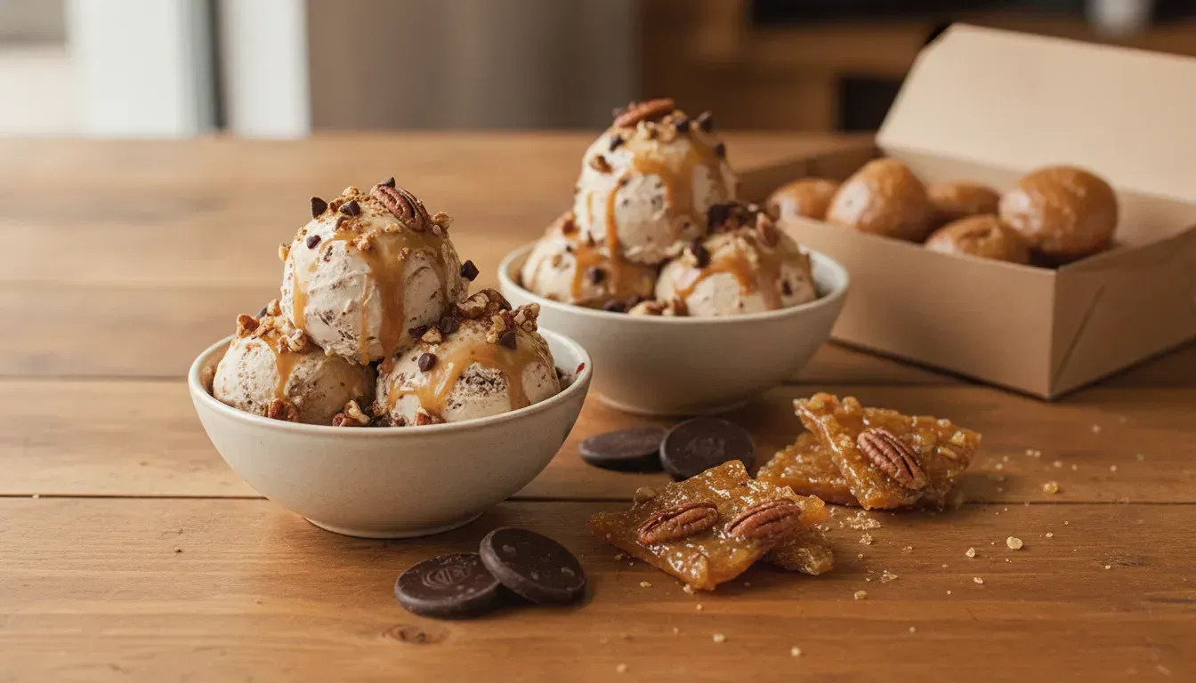Scoops of ice cream beside pralines and chocolates arranged for an Atlanta event dessert table