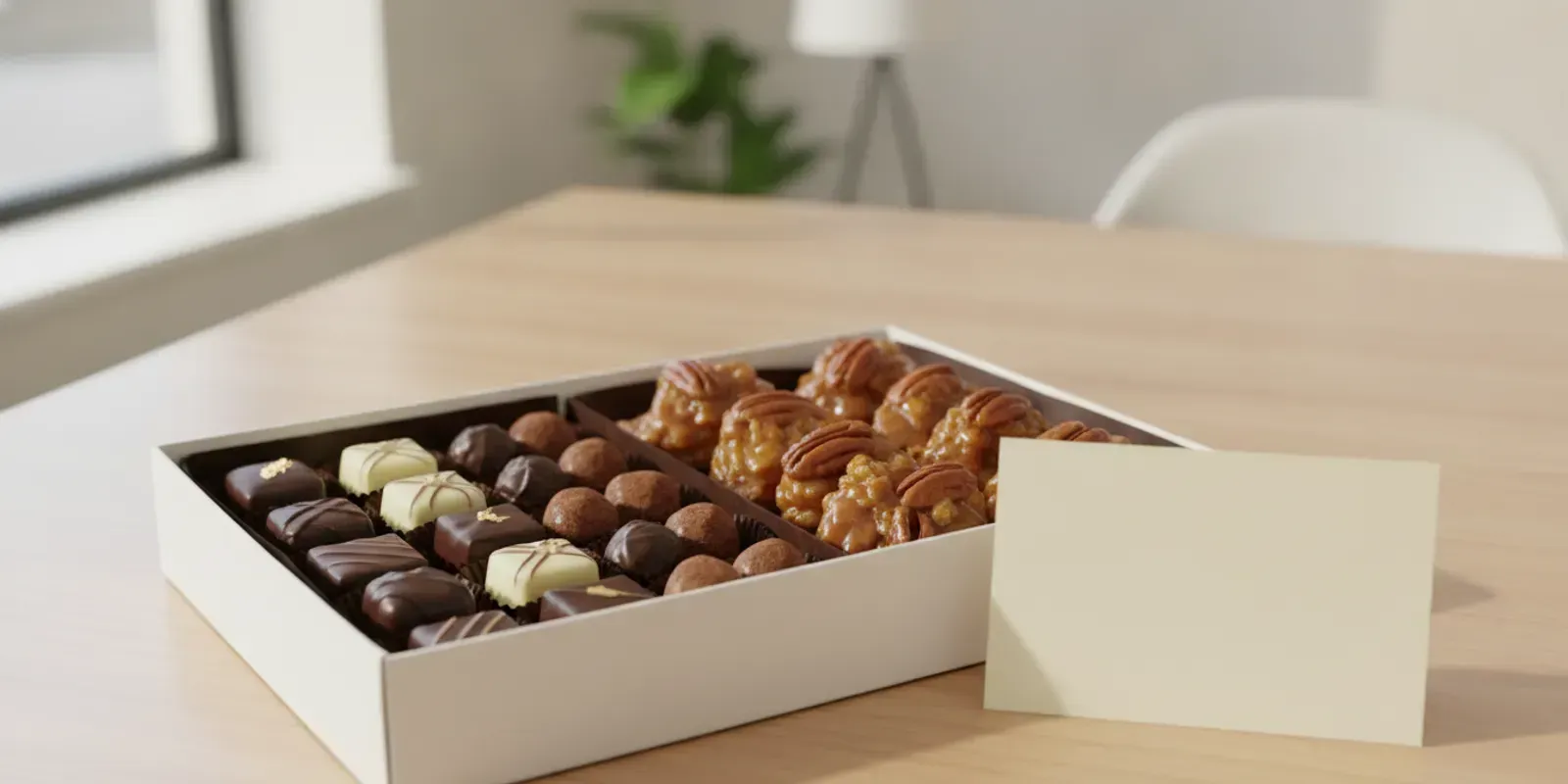 A selection of chocolates and Southern pralines arranged in an open gift box for a personalized corp