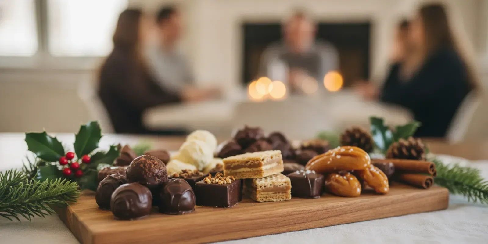A seasonal assortment of chocolates and pralines arranged for holiday gifting