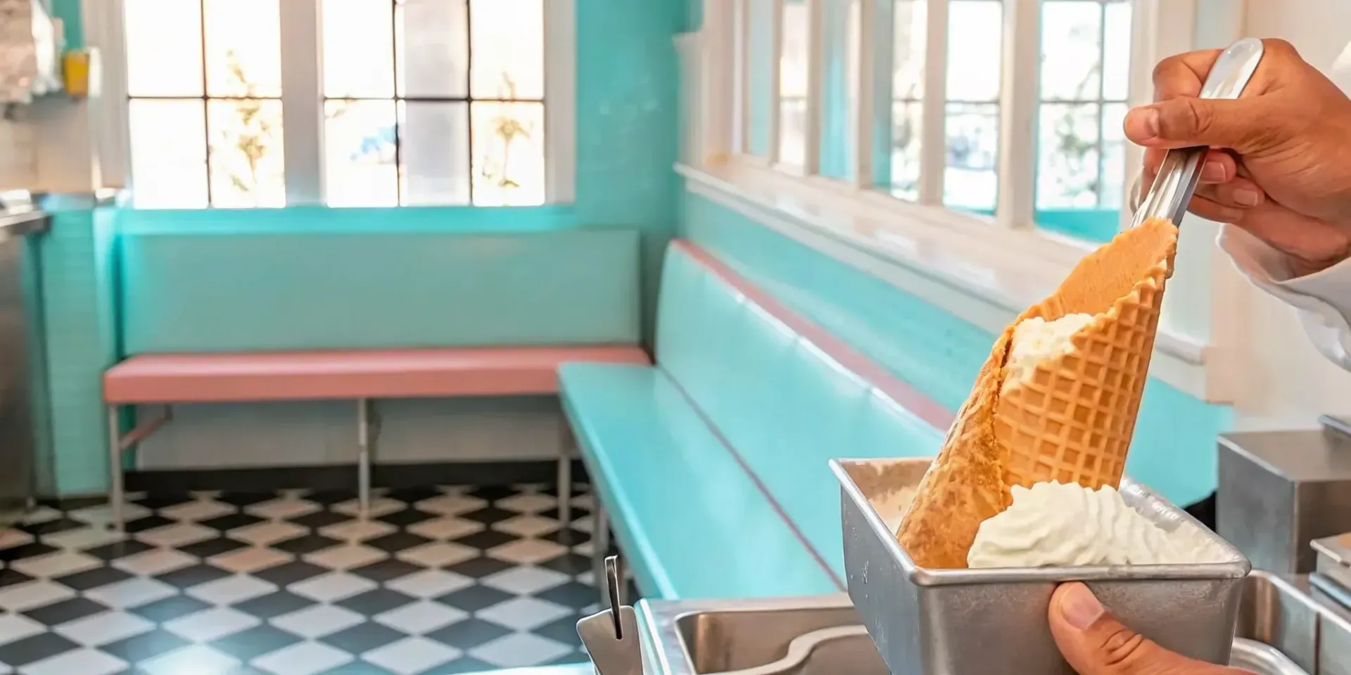 Fresh scoop of ice cream being served in a waffle cone at a vintage-style creamery counter