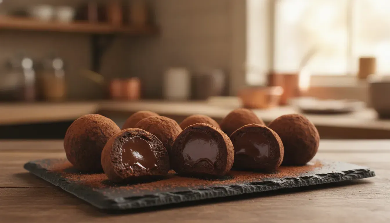 Handmade chocolate truffles dusted with cocoa powder arranged on a rustic serving board in a cozy candy kitchen
